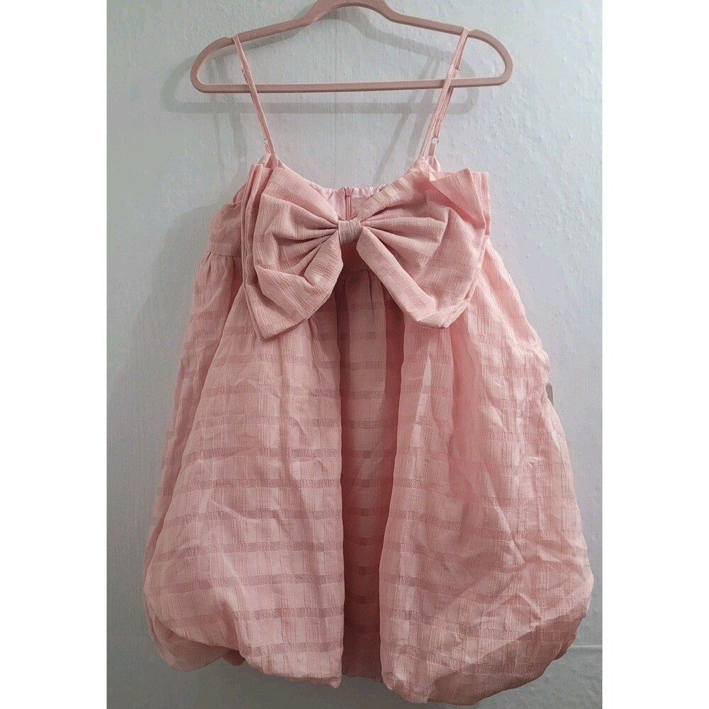 Sister Jane Bow Bubble Mini Dress Pink Textured Check NWT Sz M+ Voluminous Party